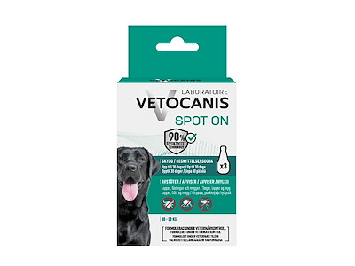 Vetocanis Anti-parasit Spot-On til hunde 30–50 kg er en naturlig og effektiv løsning til beskyttelse mod lopper, flåter og myg. Produktet er udviklet til store hunde og giver en skånsom, men pålidelig beskyttelse uden brug af traditionelle insekticider.  Den aktive ingrediens er planteekstrakt fra Margosa (Neem), som er kendt for sine naturligt frastødende egenskaber. Den plantebaserede formulering hjælper med at afvise parasitter og beskytter din hund i op til 30 dage pr. behandling.  Med 3 pipetter i pakken får du op til 3 måneders beskyttelse, hvilket gør produktet ideelt til kontinuerlig forebyggelse – særligt i perioder med høj forekomst af flåter og lopper.  Vetocanis Spot-On er godkendt efter EU’s biocidlovgivning, hvilket sikrer høje standarder for både dyrevelfærd og miljø.  Fordele ved Vetocanis Spot-On til hund: Naturlig beskyttelse mod lopper, flåter og myg Indeholder Margosa (Neem) planteekstrakt Effekt i op til 30 dage pr. pipette Velegnet til hunde på 30–50 kg Uden miljøfarlige insekticider EU-godkendt biocidprodukt Nem og præcis dosering Anvendelse:  Påfør indholdet af én pipette direkte på huden i nakken, hvor hunden ikke kan slikke det af.  Gentag behandlingen hver 4. uge eller efter behov.  Følg altid den medfølgende brugsanvisning nøje.  Indhold: 3 pipetter á 3 ml  Vetocanis Anti-parasit Spot-On er en praktisk og naturlig løsning til at beskytte store hunde mod parasitter i hverdagen – både til forebyggelse og løbende beskyttelse.