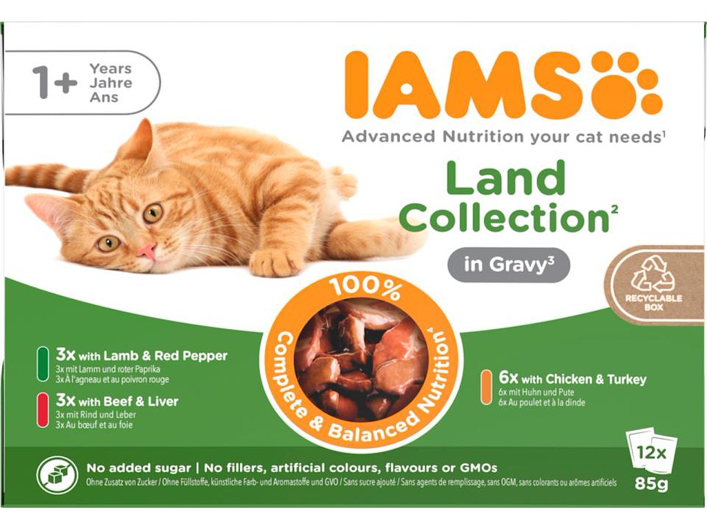 IAMS Delights Adult Kat – Kødsmagsblanding i sovs 12 × 85 g