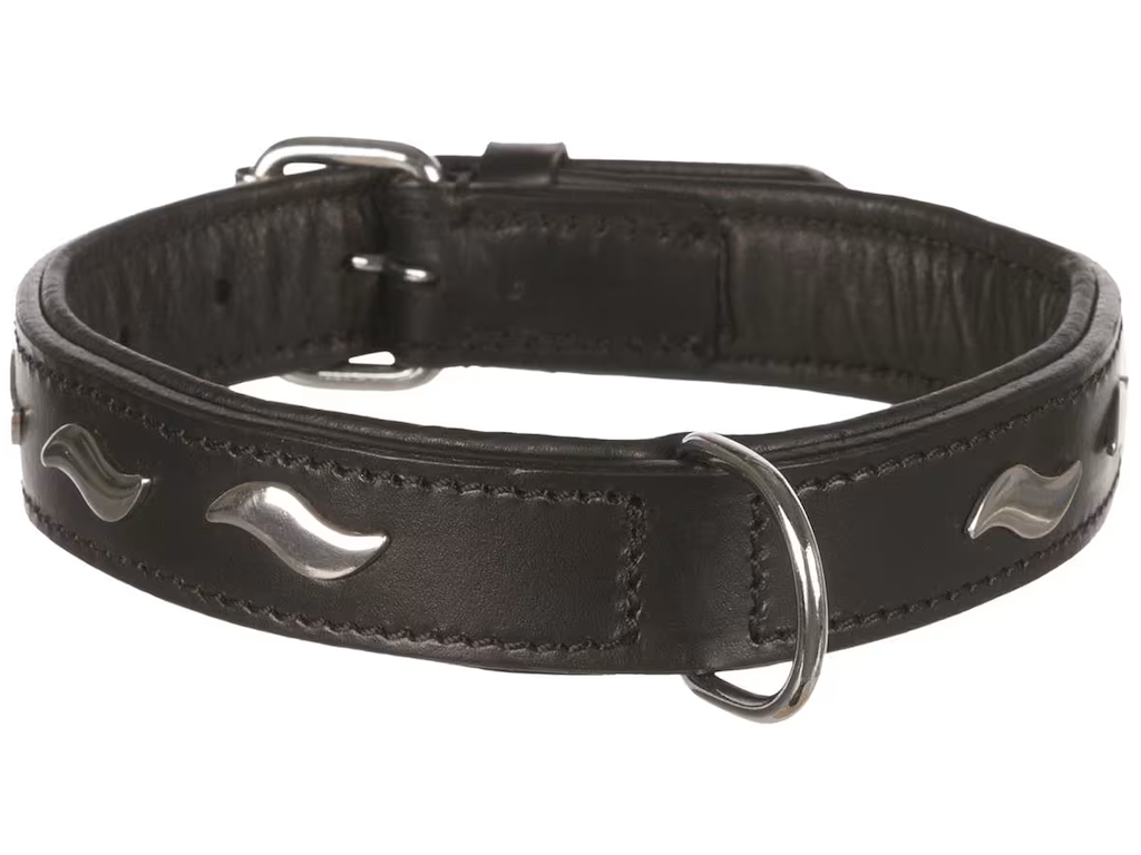 Active Hundehalsbånd Sort 42 cm med Bølgeformede Metalbeslag – Læderhalsbånd