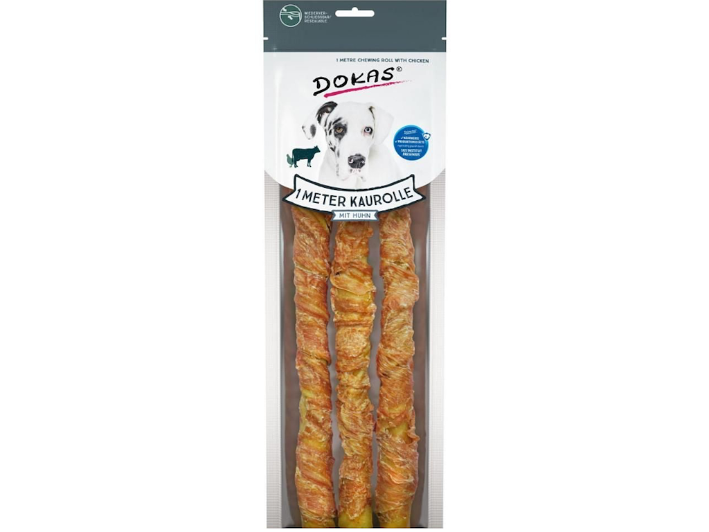Dokas 1 Meter Tyggepind med Kylling 315 g – Ekstra Lange Tyggepinde med Kylling og Oksehud