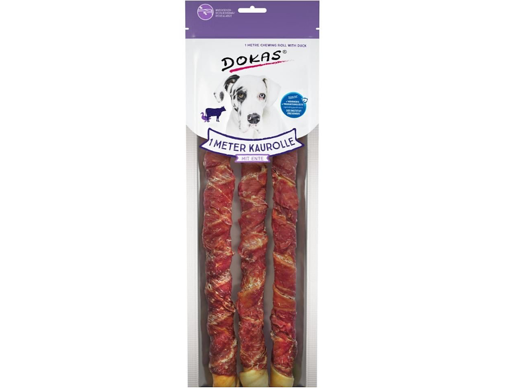 Dokas 1 Meter Tyggepind med And 315 g – Ekstra Lange Tyggeben med And og Oksehud
