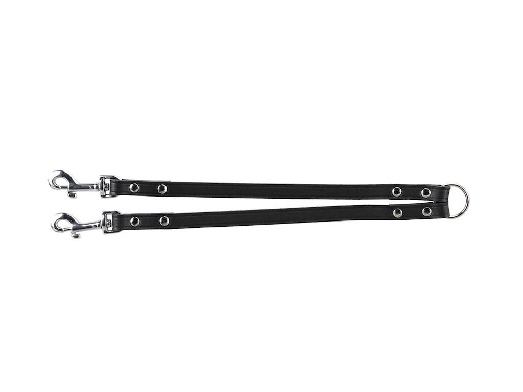 Tvillingkobbel i Sort Læder 13 mm x 30 cm – Hundeline til To Hunde med Rustfri Karabinhager