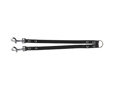 Tvillingkobbel i Sort Læder 13 mm x 30 cm – Hundeline til To Hunde med Rustfri Karabinhager