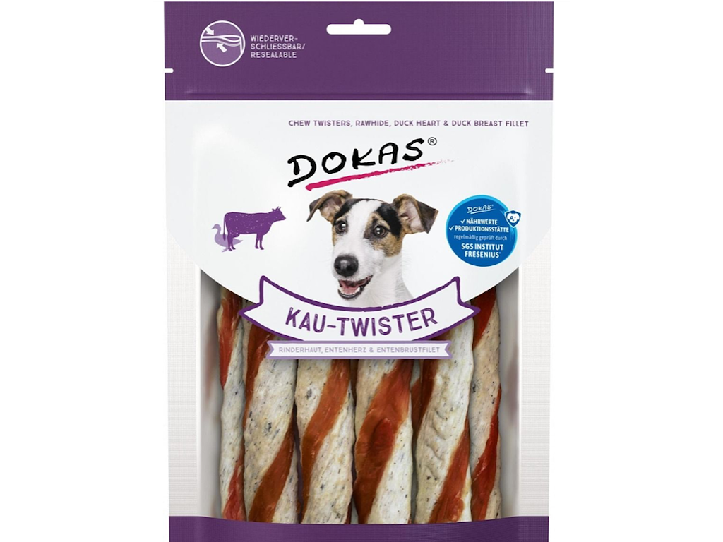 Dokas Tyggetwister Ko & And 200 g – Kornfri Tyggesnack med Oksehud og And
