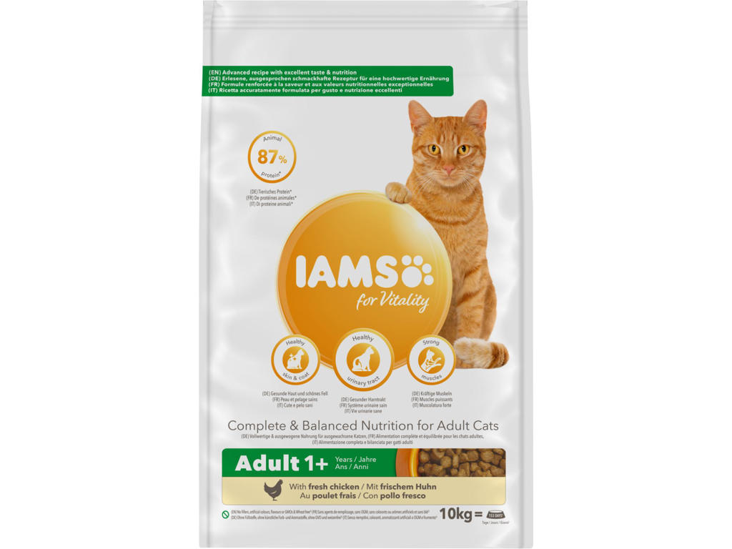 10 KG IAMS KATTEFODER VOKSEN MED KYLLING FRA 1 TIL 6 ÅR