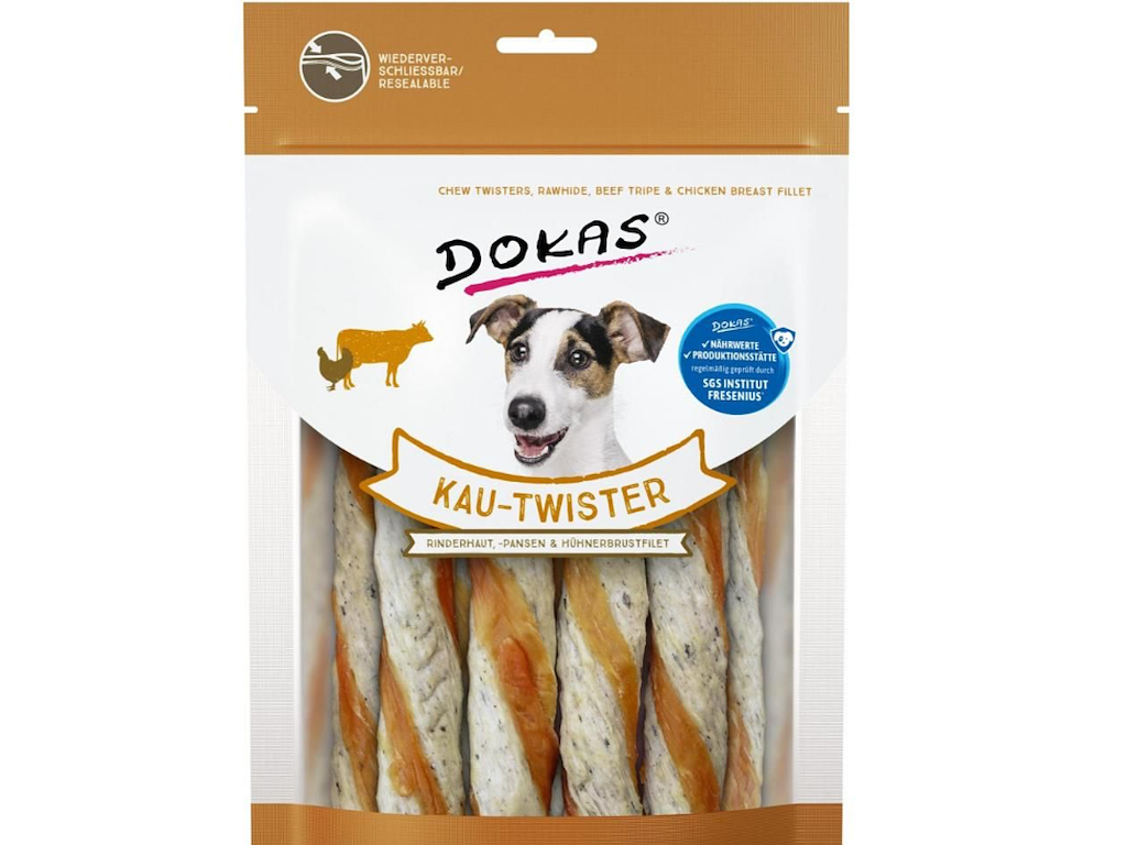 Dokas Tyggetwister Ko, Kallun & Kylling 200 g – Kornfri Tyggesnack med Oksehud og Kylling