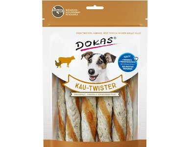 Dokas Tyggetwister Ko, Kallun & Kylling 200 g – Kornfri Tyggesnack med Oksehud og Kylling