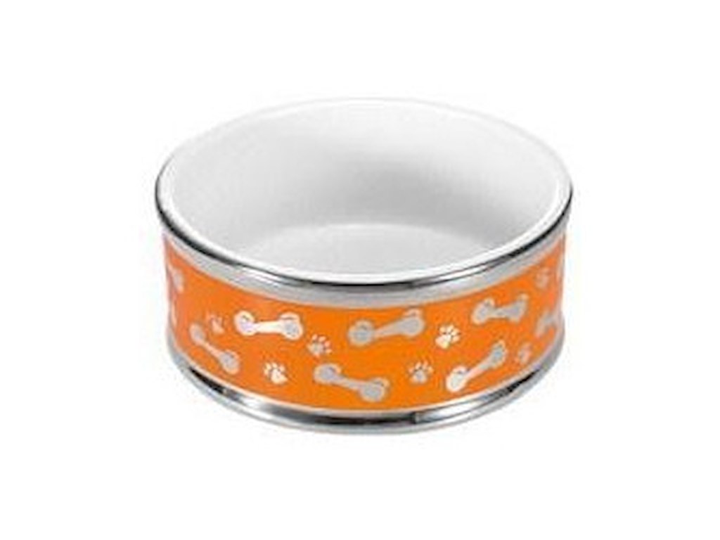 Keramikskål til Hund 18 cm – Orange med Kødbenmotiv, 1500 ml