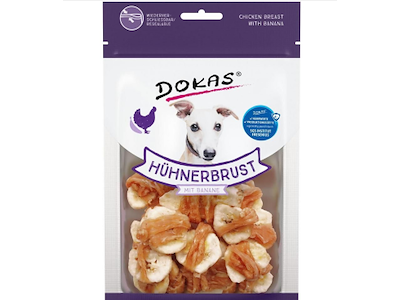 Dokas Tørret Kyllingebryst med Banan 70 g – Hundegodbidder med Kylling og Frugt