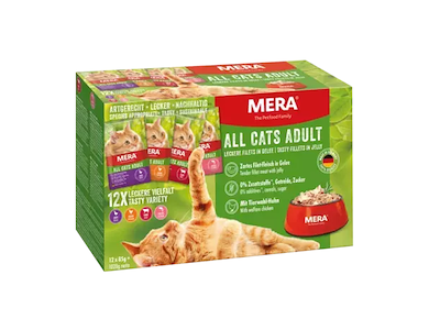 MERA Cats Adult Mixtray 12 x 85 g (Kylling, Laks, Oksekød & And)