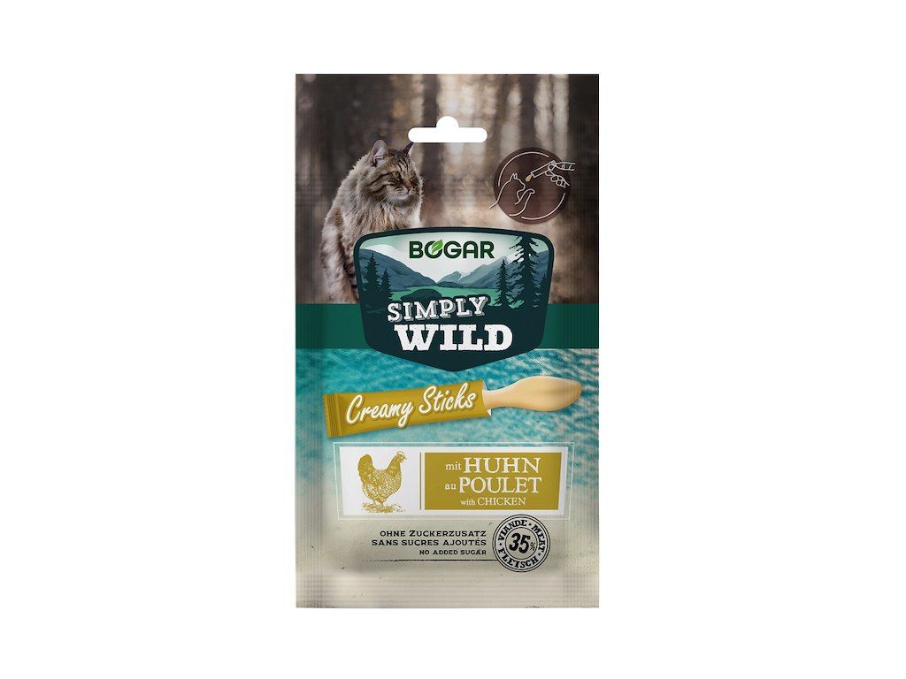 Bogar Simply Wild Cremet Kyllingepinde til kat – 5 x 15 g (cremet snack)