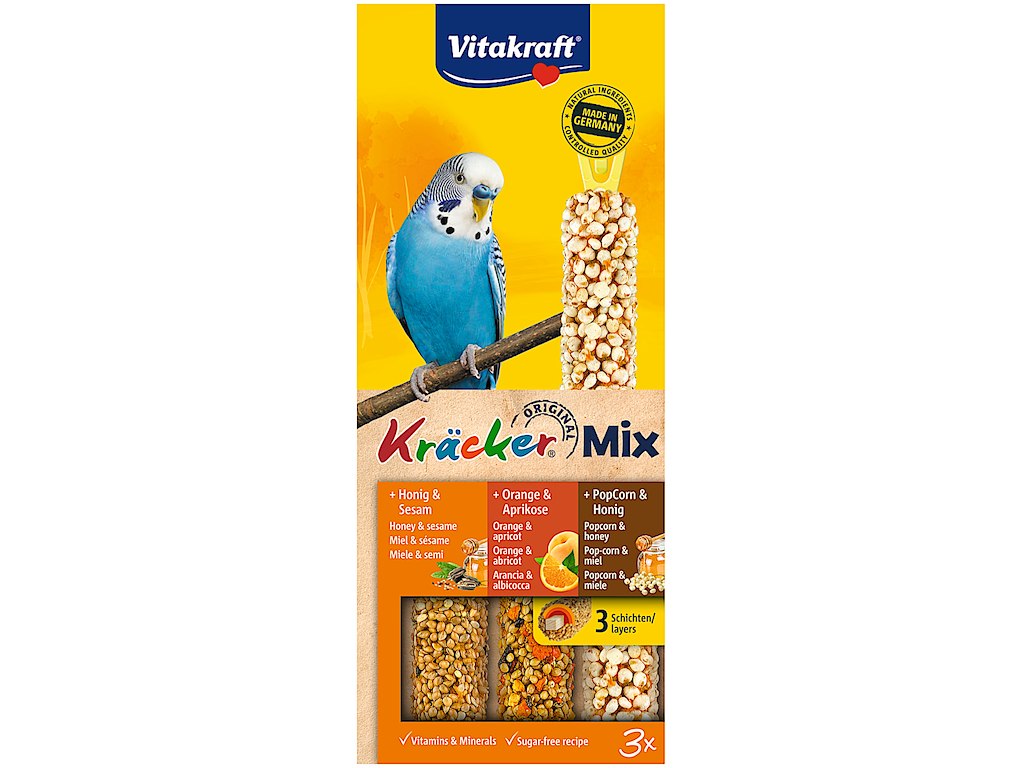Vitakraft Kräcker Mix til Undulat 3 stk. 80 g – Honning, Abrikos og Popcorn