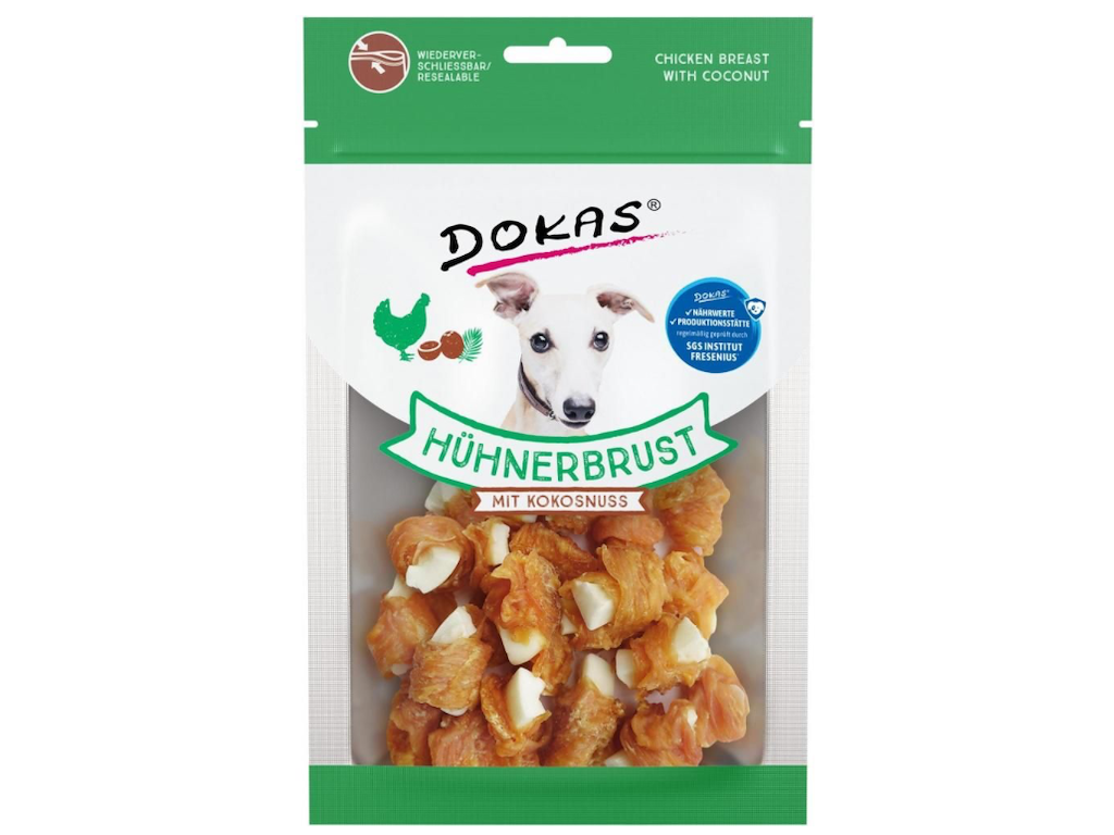 Dokas Tørret Kyllingebryst med Kokos 60 g – Naturlige Hundegodbidder med Kylling og Kokos