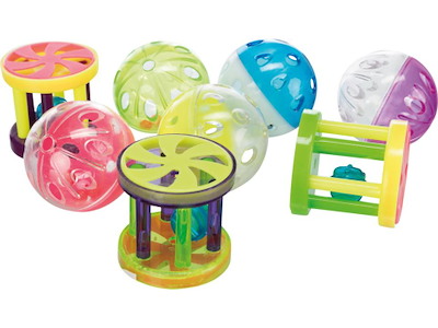 Plastikbolde og ruller med bjælde til kat – assorterede modeller