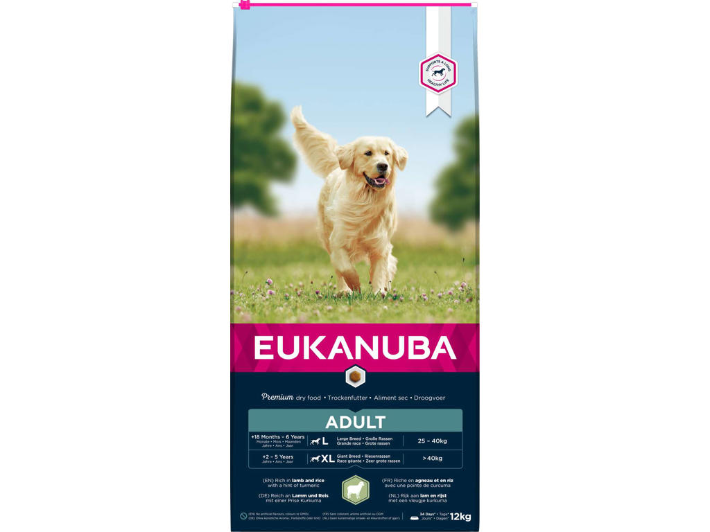 Eukanuba Adult Large Breed Lam & Ris 12 kg – Fuldfoder til Store Hunde med Følsom Hud & Fordøjelse